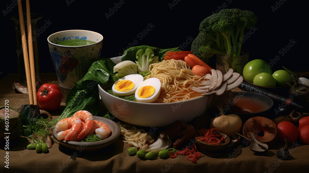 vegetable soup ramen with eggs in a bowl
