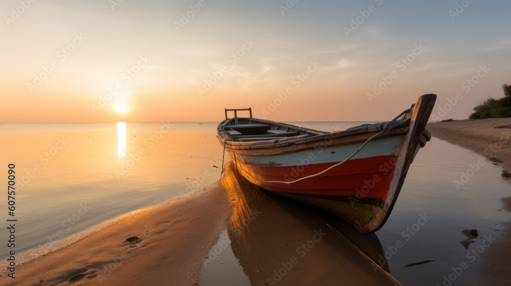 Small Fishing Boat on Seashore at Sunset, Serene Maritime Scene Generative AI