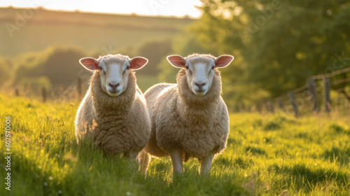 Pair of Sheep Looking at Camera in a Green Meadow Generative AI