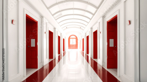 A white corridor  long  symmetrical  and lined with identical red doors. A harmony of abstract and architectural style emerges  boldly timeless. Generative AI