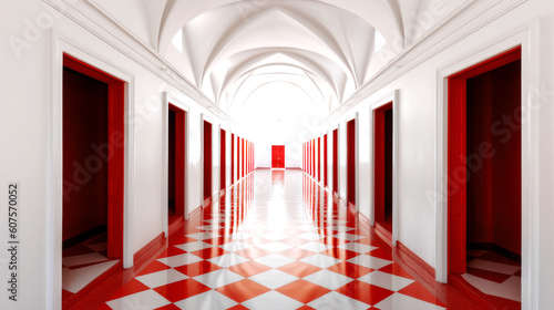 A white corridor, long, symmetrical, and lined with identical red doors. A harmony of abstract and architectural style emerges, boldly timeless. Generative AI
