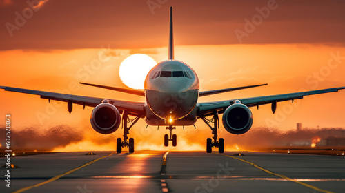 Passenger Aircraft Landing at Airport at Sunset, Travel and Adventure Generative AI