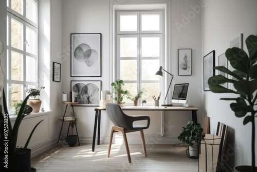 An office with a window and posters in a light home has a grey chair at the desk with a plant. real picture. Generative AI