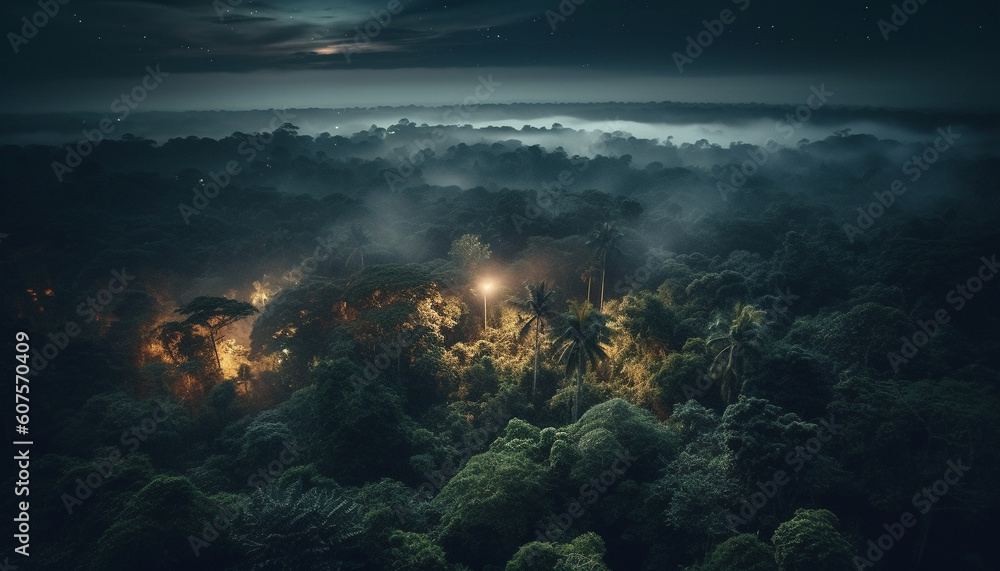 Mystery forest illuminated by moonlight and fog generated by AI