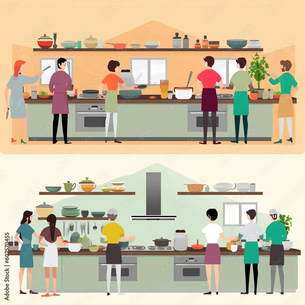 Scene of friends taking cooking classes. Happy family cooks pancakes in the kitchen. Mom, dad, son and daughter are cooking together. Mother kids cooking at kitchen. family together Scene of friends taking cooking classes. Happy family cooks pancakes in the kitchen. Mom, dad, son and daughter are cooking together. Mother kids cooking at kitchen. family together