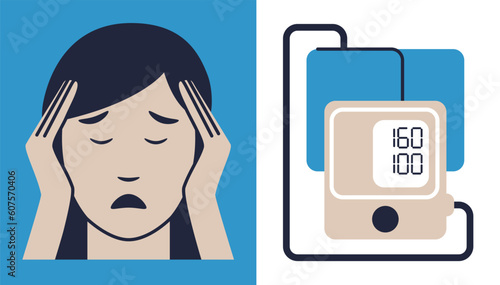 A young woman rubs her temples with her hands. Grimace of pain on the face. Diagnosis of cardiovascular diseases. Instrument for measuring blood pressure and pulse. Modular flat style illustration.
