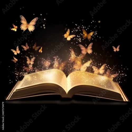 Mystical Fairytale Open Book with Golden Butterfly Sparkles - Wide Banner Design with Copy Space, generative AI