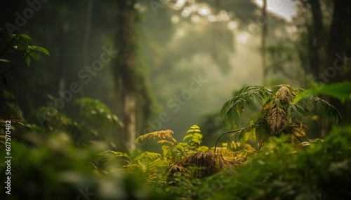 Tropical rainforest beauty in nature at sunrise generated by AI