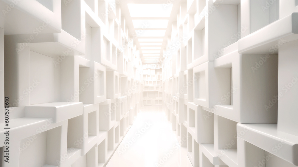 Obraz premium An abstract corridor, white and bright, stretches to infinity. Composed of cubic shapes, its length contrasts its form, an endless dance of geometry. Generative AI