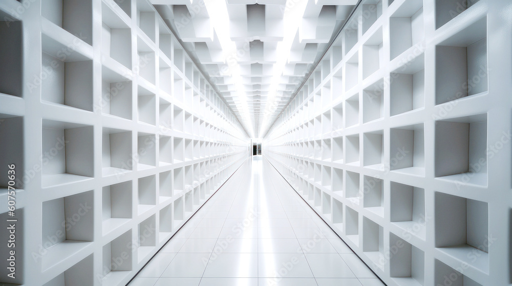 An abstract corridor, white and bright, stretches to infinity. Composed of cubic shapes, its length contrasts its form, an endless dance of geometry. Generative AI An abstract corridor, white and bright, stretches to infinity. Composed of cubic shapes, its length contrasts its form, an endless dance of geometry. Generative AI