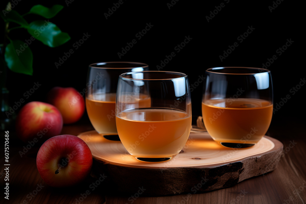 Three glasses with homemade apple juice or cider on wooden table. Generative AI Three glasses with homemade apple juice or cider on wooden table. Generative AI