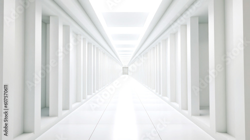 An abstract corridor, white and bright, stretches to infinity. Composed of cubic shapes, its length contrasts its form, an endless dance of geometry. Generative AI photo