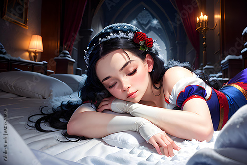 Illustration of beautiful sleeping princess in fairy tail world.