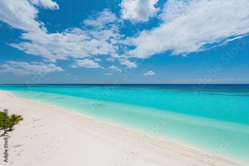 On a bright day, there is a beautiful beach with white sand, turquoise ocean water, and a blue sky with clouds. A birds-eye perspective. With a background of the outdoors, summer Generative AI