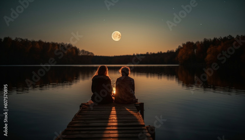 Silhouette couple sitting on jetty, enjoying sunset generated by AI