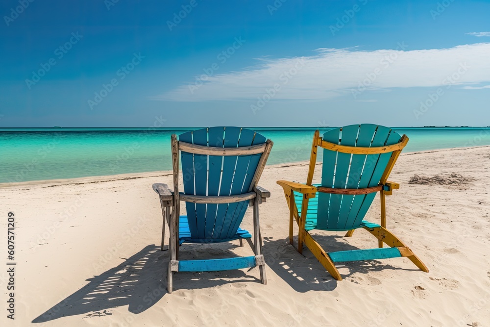 On the beach, there are two lounge chairs. Generative AI On the beach, there are two lounge chairs. Generative AI