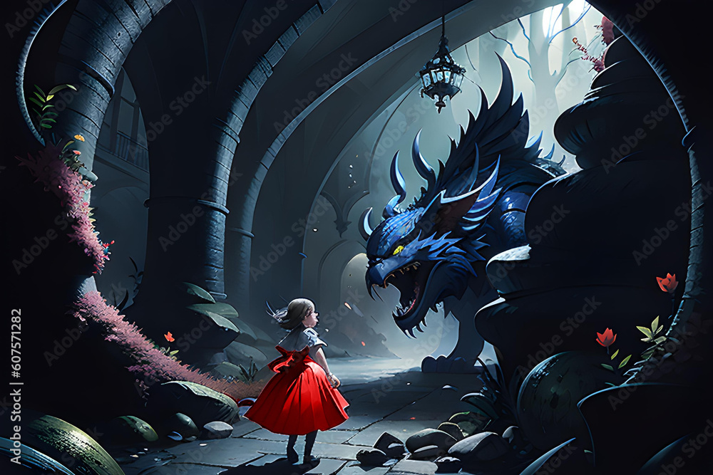 Obraz premium Little Red Riding Hood and wolf in forest illustration
