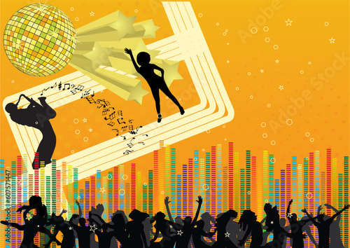Abstract party design with saxophonist and peoples