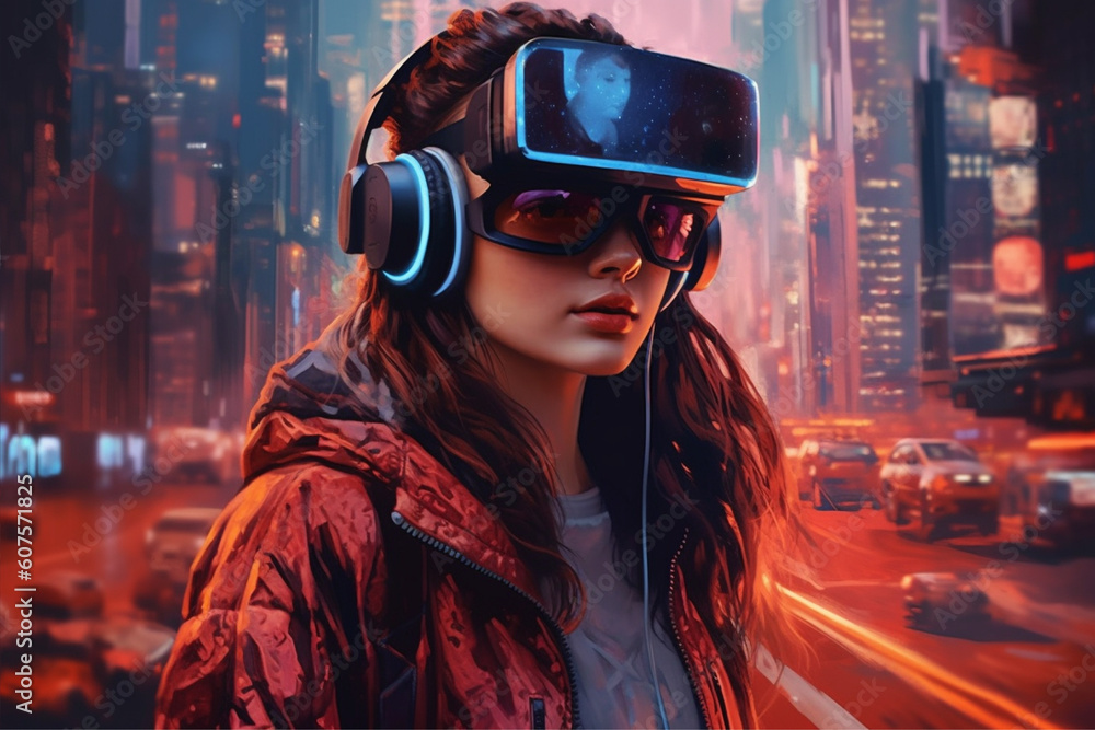A woman wearing a vr headset in front of a cityscape, ai generated A woman wearing a vr headset in front of a cityscape, ai generated