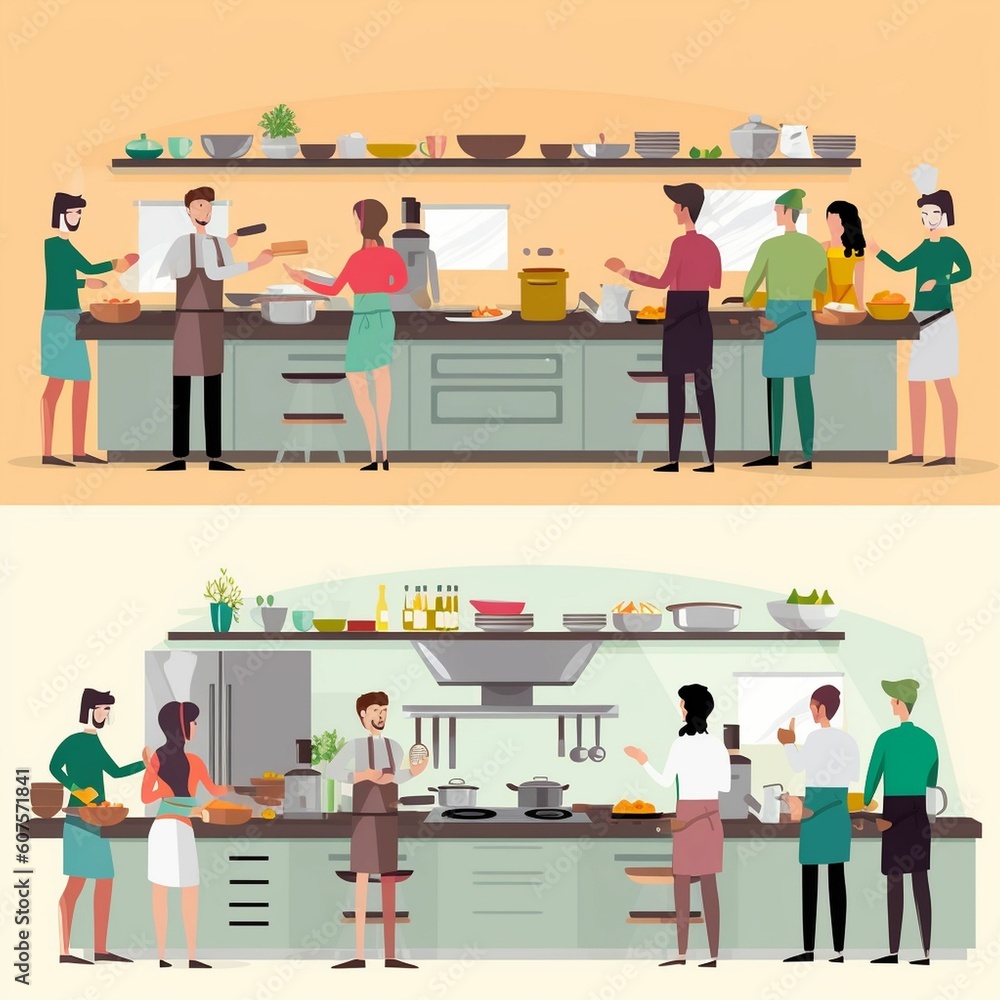 Scene of friends taking cooking classes. Happy family cooks pancakes in the kitchen. Mom, dad, son and daughter are cooking together. Mother kids cooking at kitchen. family together Scene of friends taking cooking classes. Happy family cooks pancakes in the kitchen. Mom, dad, son and daughter are cooking together. Mother kids cooking at kitchen. family together