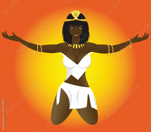The young erotic beautiful girl priestess of Egypt on a background of the sun in a vector