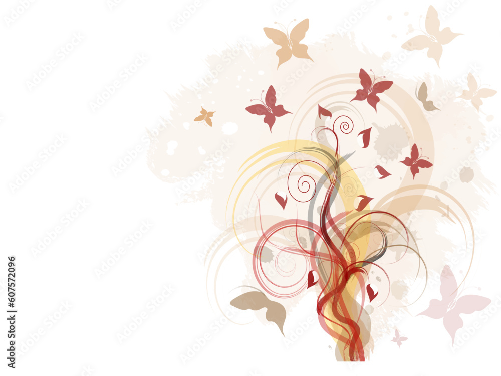 Grunge background with floral ornament and butterfiles Grunge background with floral ornament and butterfiles