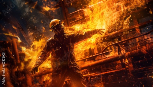 A working man in a protective suit on the background of a fire, a firefighter on an oil rig, oil and gas production at an industrial facility. Generative AI.