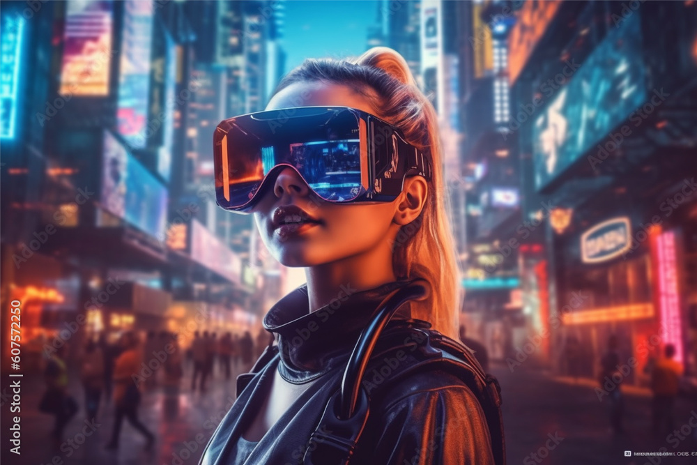 A woman wearing a vr headset in front of a cityscape, ai generated A woman wearing a vr headset in front of a cityscape, ai generated