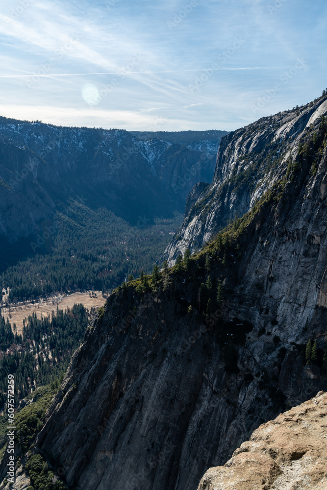 The valley view from the Upper Yosemite Trail in Yosemite National Park in California