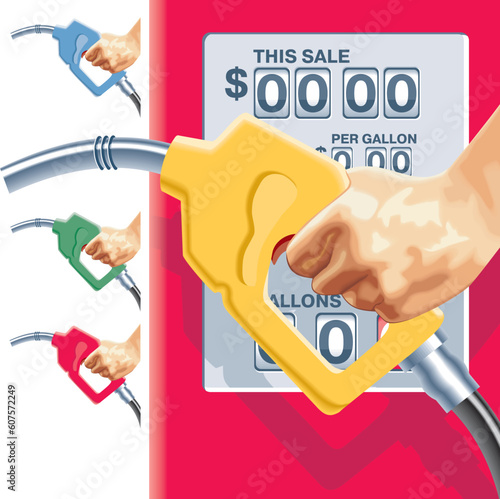 Vector hand, refueling hose in four colors and gas station counters