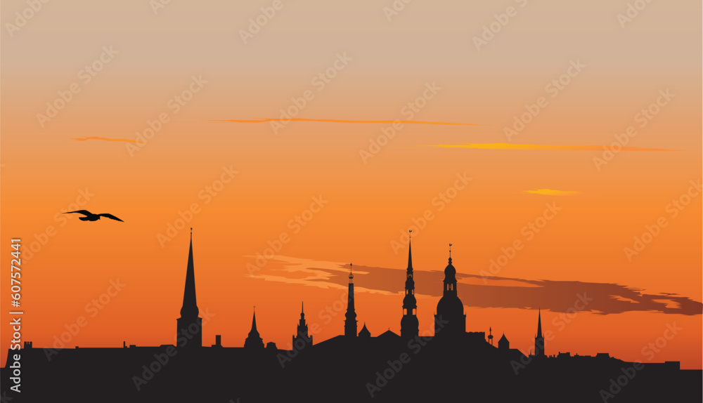 Obraz premium Vector illustration of Old Riga panorama silhouette in sunrise