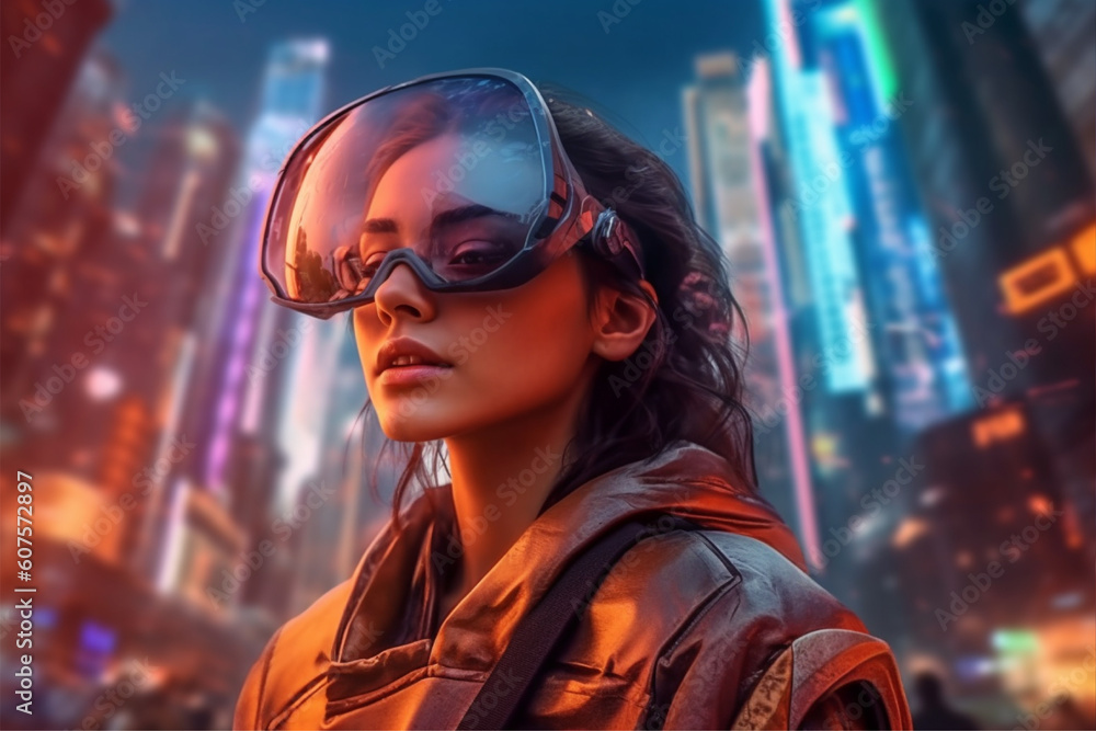 A woman wearing a vr headset in front of a cityscape, ai generated A woman wearing a vr headset in front of a cityscape, ai generated