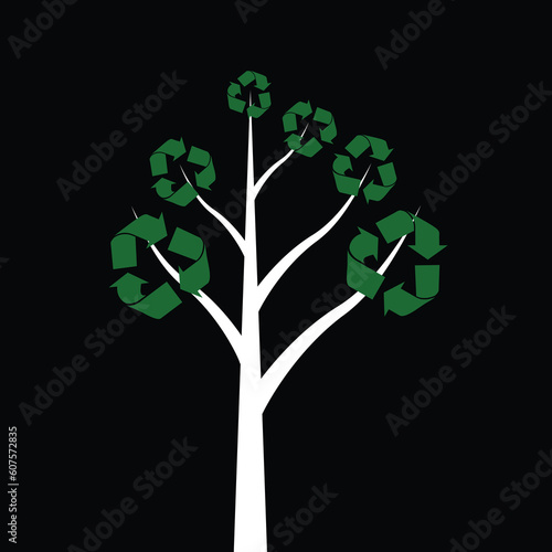 Tree with recycle symbols over black background