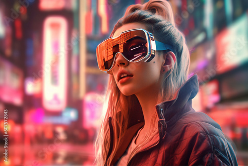 A woman wearing a vr headset in front of a cityscape, ai generated