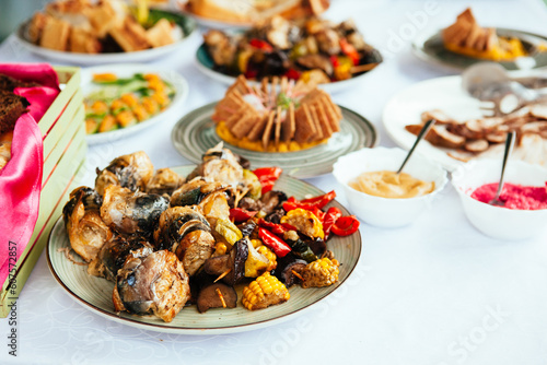 Arabic Cuisine: Middle Eastern traditional lunch. It's also Ramadan Iftar. The meal eaten by Muslims after sunset during Ramadan. Assorted of Arabic oriental dishes. top view with close up.