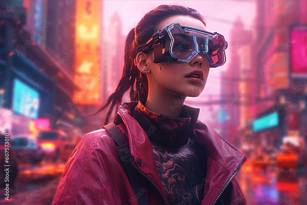 A woman wearing a vr headset in front of a cityscape, ai generated A woman wearing a vr headset in front of a cityscape, ai generated