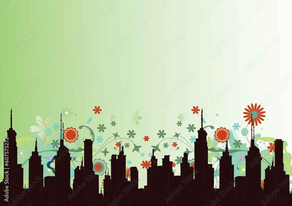abstract illustration with floral, grunge and city abstract illustration with floral, grunge and city