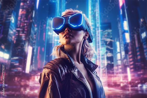 A woman wearing a vr headset in front of a cityscape, ai generated