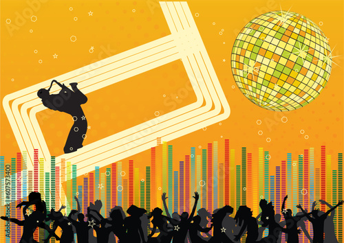 Abstract party design with saxophonist and peoples