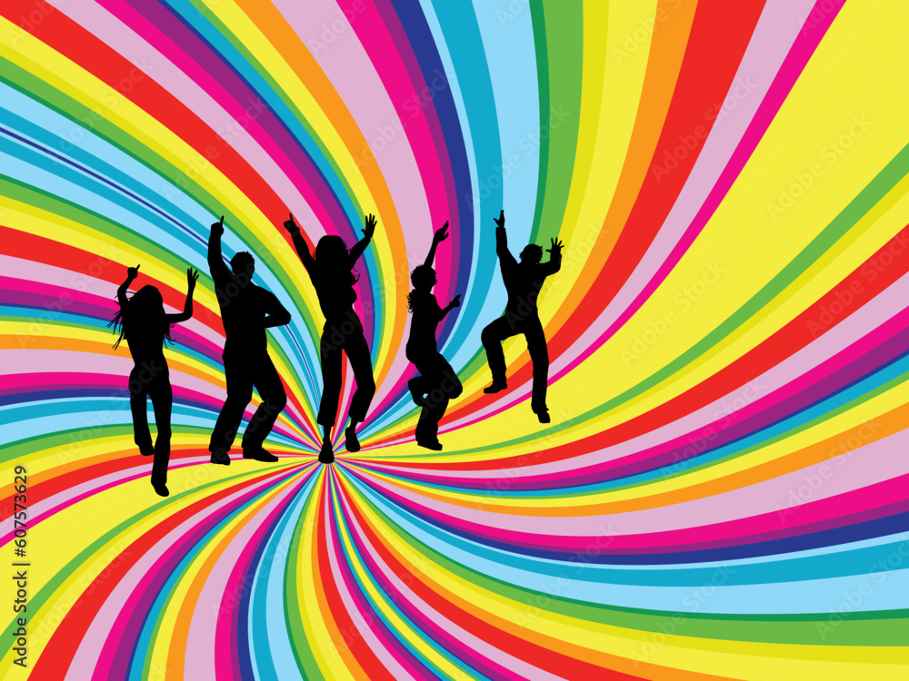 Silhouettes of people dancing on rainbow twirl background