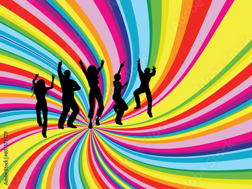 Silhouettes of people dancing on rainbow twirl background