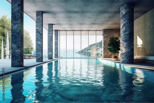 stock photo of swimming pool on the apartment urban view photography Generative AI © NikahGeh