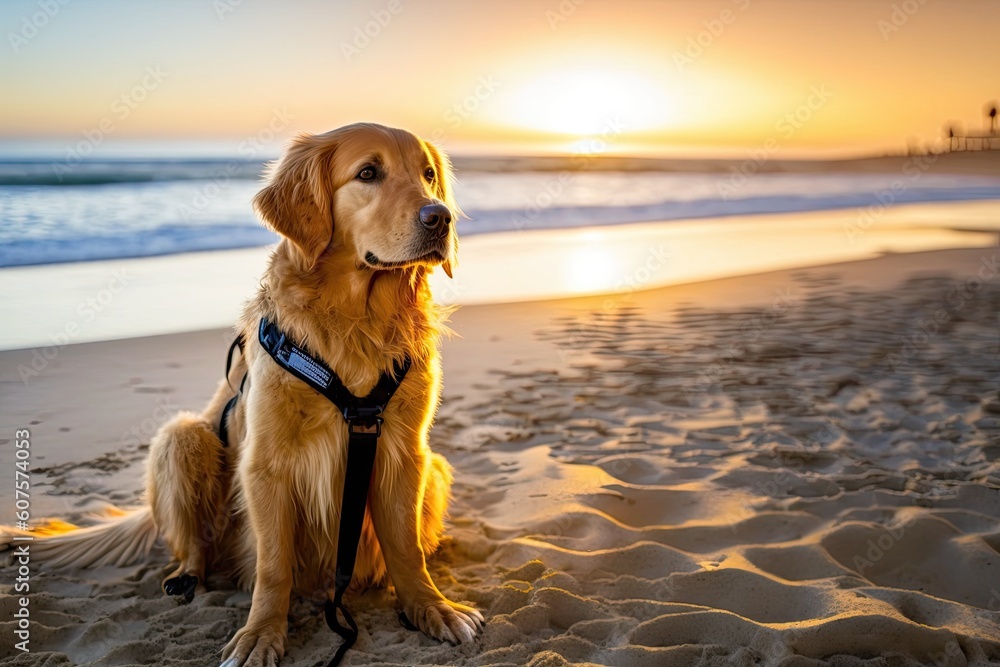 On a summer evening beach, a magnificent golden retriever dog with a dog harness and leash sits on the sand. Generative AI On a summer evening beach, a magnificent golden retriever dog with a dog harness and leash sits on the sand. Generative AI