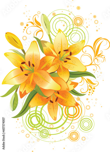 Three orange lily, vector grunge floral background