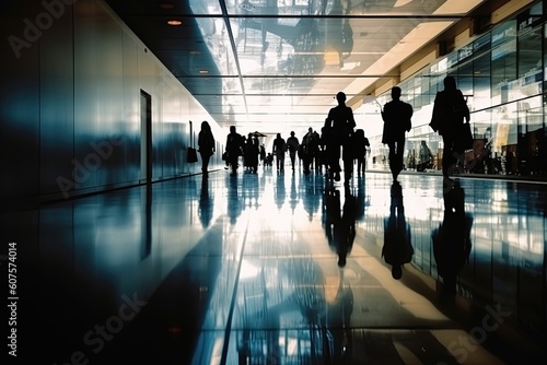 Silhouette of people walking in the airport, created with AI, generative AI, AI