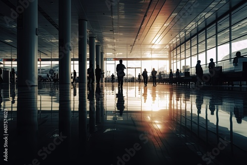 Silhouette of people walking in the airport, created with AI, generative AI, AI