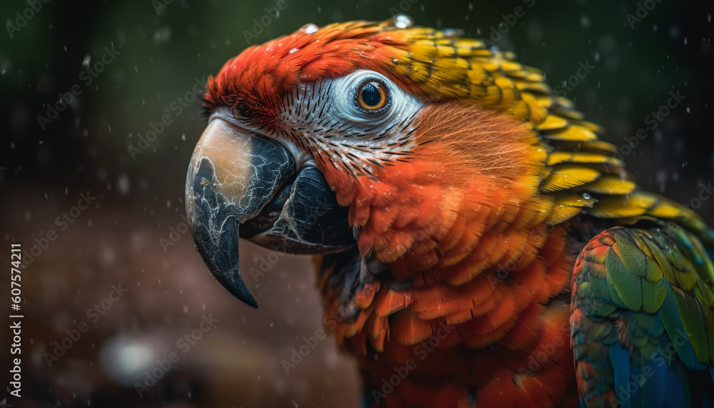 Vibrant gold and blue macaw perching majestically generated by AI Vibrant gold and blue macaw perching majestically generated by AI