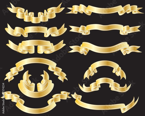 Collection of twelve vector golden ribbons with silver stripes