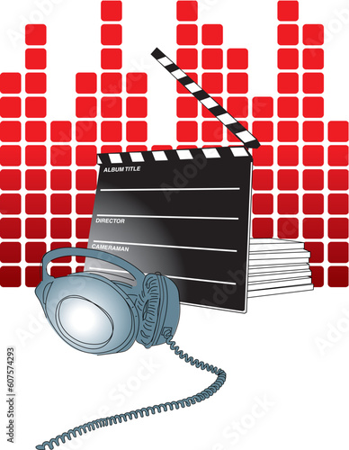 A headphone attached with a director clapper board against the equalizer beams background