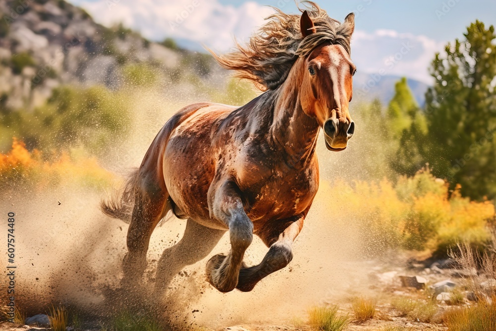 A powerful brown horse is running. - obrazy, fototapety, plakaty 